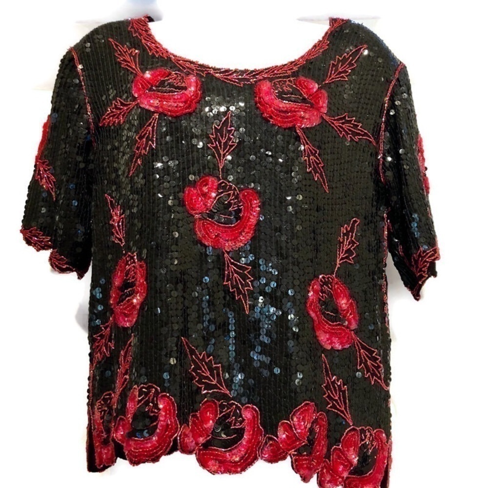 Royal Feelings Vintage Sequin Beaded Short Sleeve Top Size Medium